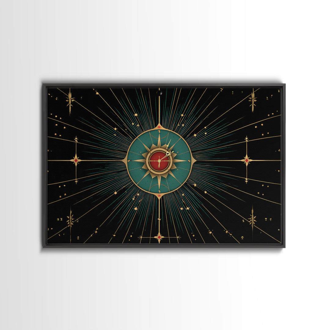 Celestial Teal Compass Clock Framed Canvas Print, Mid Century Modern Wall Decor, Atomic Starburst Art, Retro MCM Poster Print
