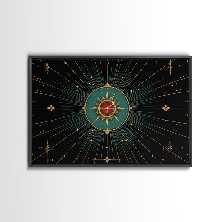 Celestial Teal Compass Clock Framed Canvas Print, Mid Century Modern Wall Decor, Atomic Starburst Art, Retro MCM Poster Print