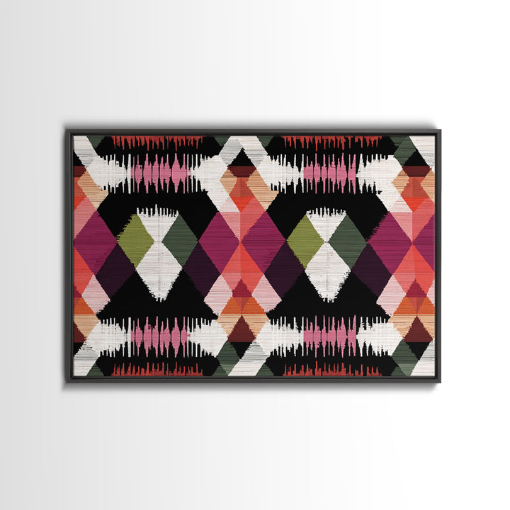 Colorful Diamond Ikat Pattern Framed Canvas Print, Retro Geometric Wall Art, Boho Mid Century Decor, Bold Abstract Poster