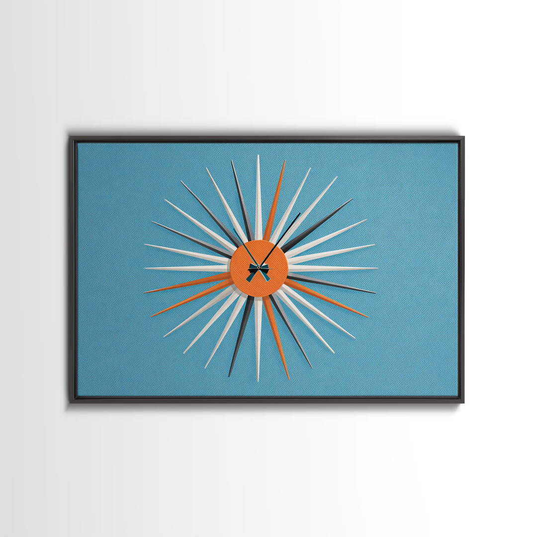 Orange Sunburst Clock On Blue Wall Art, Midcentury Modern Art, Atomic Starburst Print, Retro Wall Decor For Living Room Art