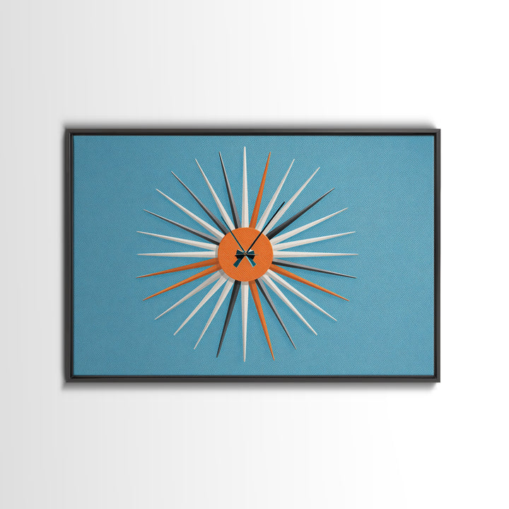 Orange Sunburst Clock On Blue Wall Art, Midcentury Modern Art, Atomic Starburst Print, Retro Wall Decor For Living Room Art