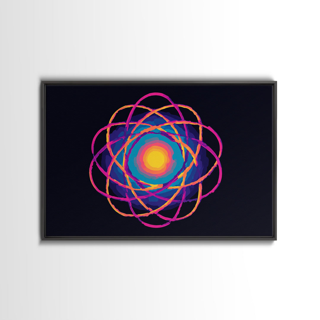 Glowing Rainbow Atom On Navy Framed Canvas Print, Bright Abstract Art, Modern Wall Art, Colorful Sci Fi Retro Poster Print