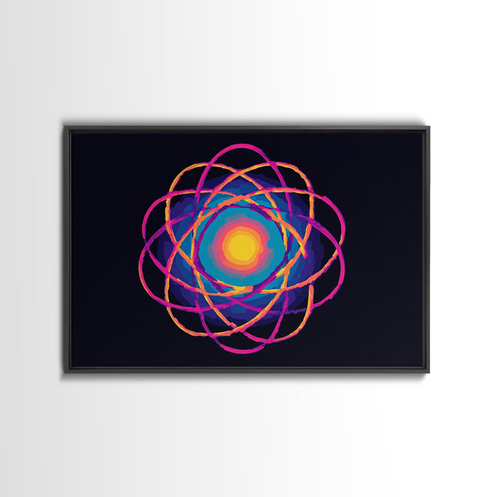 Glowing Rainbow Atom On Navy Framed Canvas Print, Bright Abstract Art, Modern Wall Art, Colorful Sci Fi Retro Poster Print