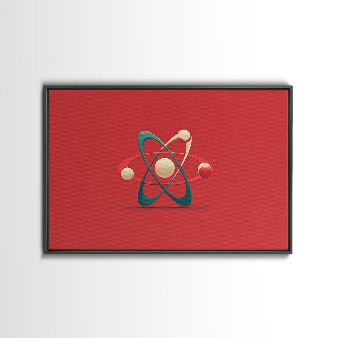 Minimal 3D Atom Sculpture On Red Canvas Print, Midcentury Modern Art, Retro Science Poster, Modern Wall Decor Gift For Him