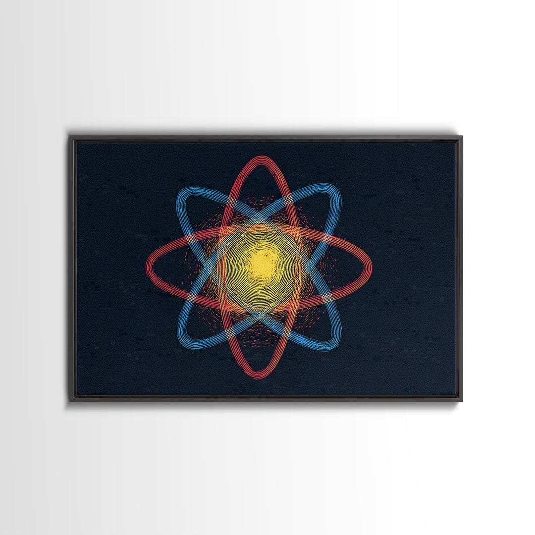 Etched Yellow Atom On Dark Blue Canvas Print, Atomic Retro Art, Midcentury Wall Art, Space Abstract Art For Office Decor