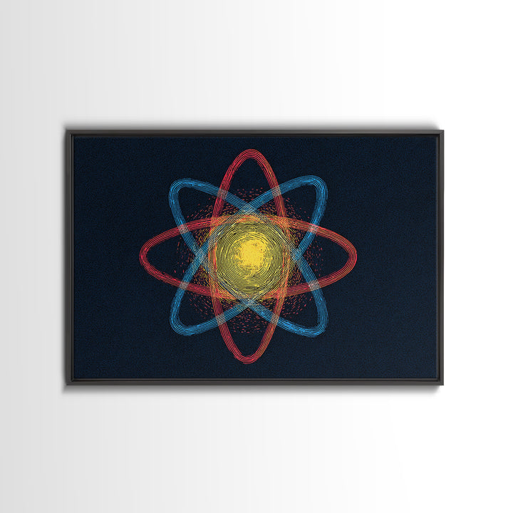 Etched Yellow Atom On Dark Blue Canvas Print, Atomic Retro Art, Midcentury Wall Art, Space Abstract Art For Office Decor