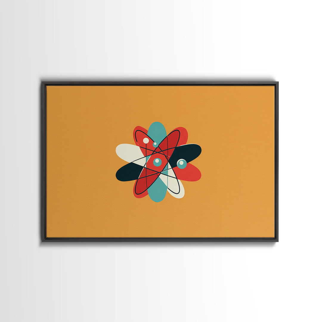 Flat Atomic Flower On Mustard Wall Art, Midcentury Modern Art, Geometric Poster, Retro Wall Decor For Kids Room And Nursery