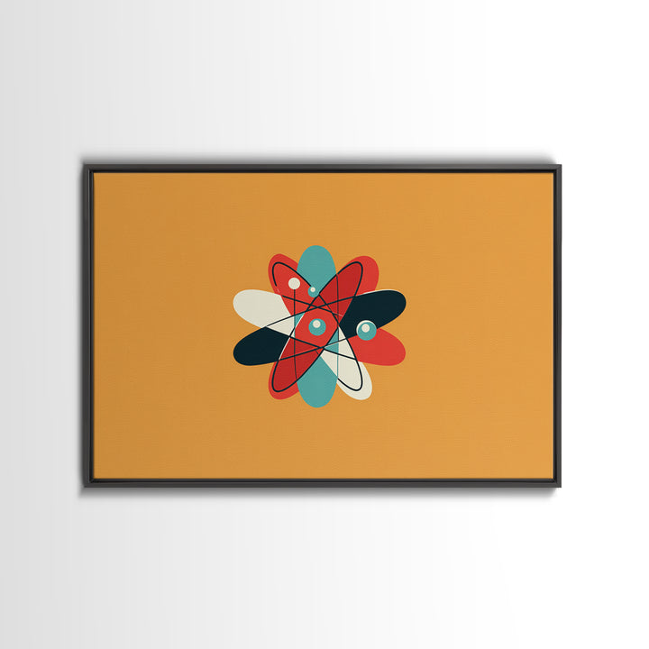 Flat Atomic Flower On Mustard Wall Art, Midcentury Modern Art, Geometric Poster, Retro Wall Decor For Kids Room And Nursery