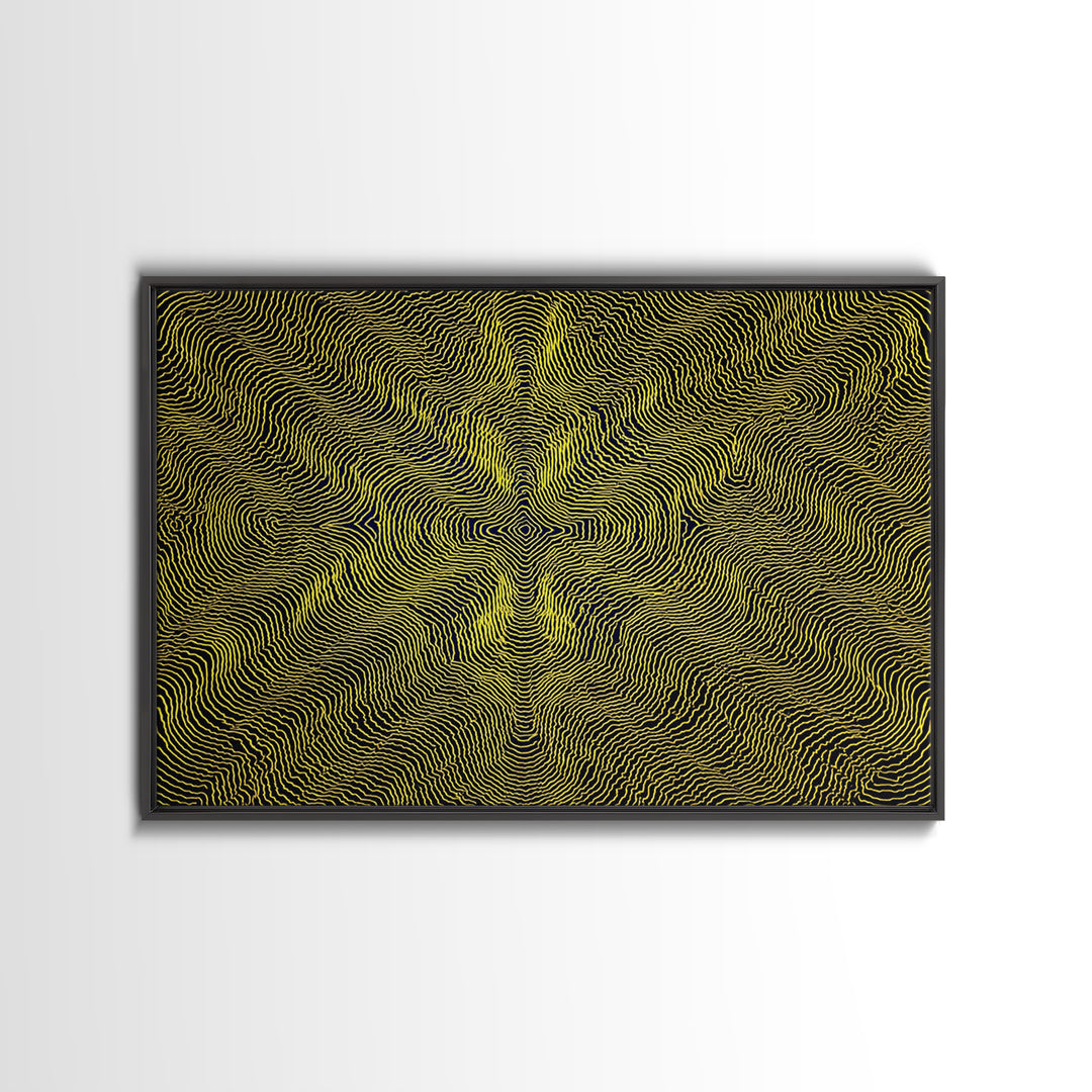 Yellow Topographic Line Optical Wall Art, Modern Abstract Op Art Print, Black Geometric Decor, Trippy Minimal Poster For Living Room