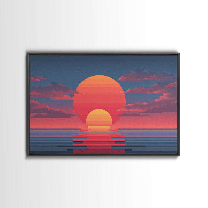 Retro Double Sun Ocean Wall Art, Midcentury Modern Art Print, Vaporwave Sunset Poster, Pink Blue Living Room Decor, Digital Art Print