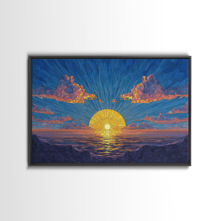 Polygon Sunset Ocean Framed Canvas Print, Midcentury Modern Wall Art, Geometric Seascape Poster, Colorful Home Decor, Blue Art Print