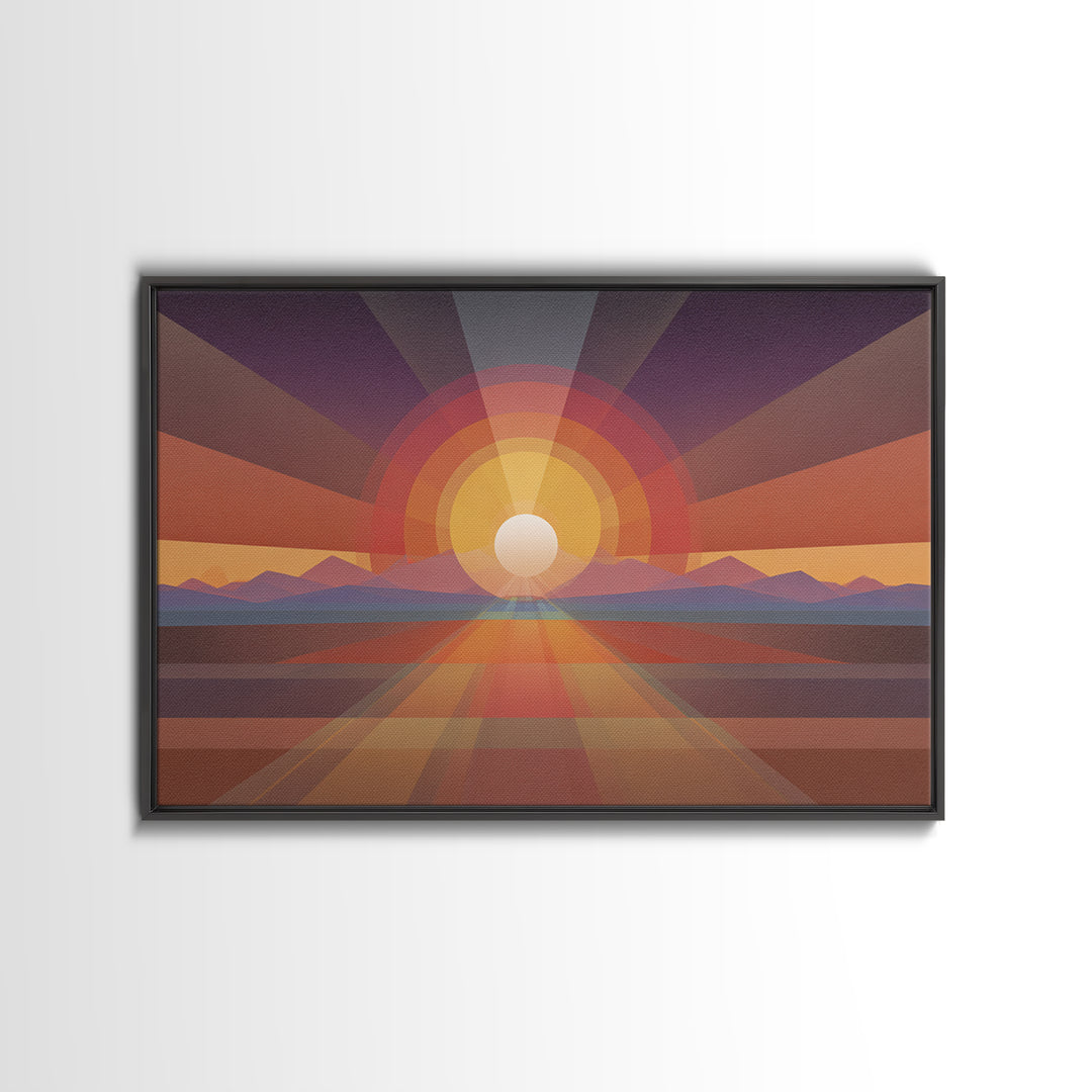 Geometric Desert Sunrise Wall Art, Midcentury Modern Abstract Art, Orange Sun Poster, Boho Southwestern Home Decor, Canvas Print