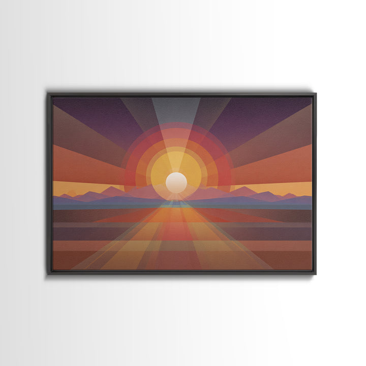Geometric Desert Sunrise Wall Art, Midcentury Modern Abstract Art, Orange Sun Poster, Boho Southwestern Home Decor, Canvas Print