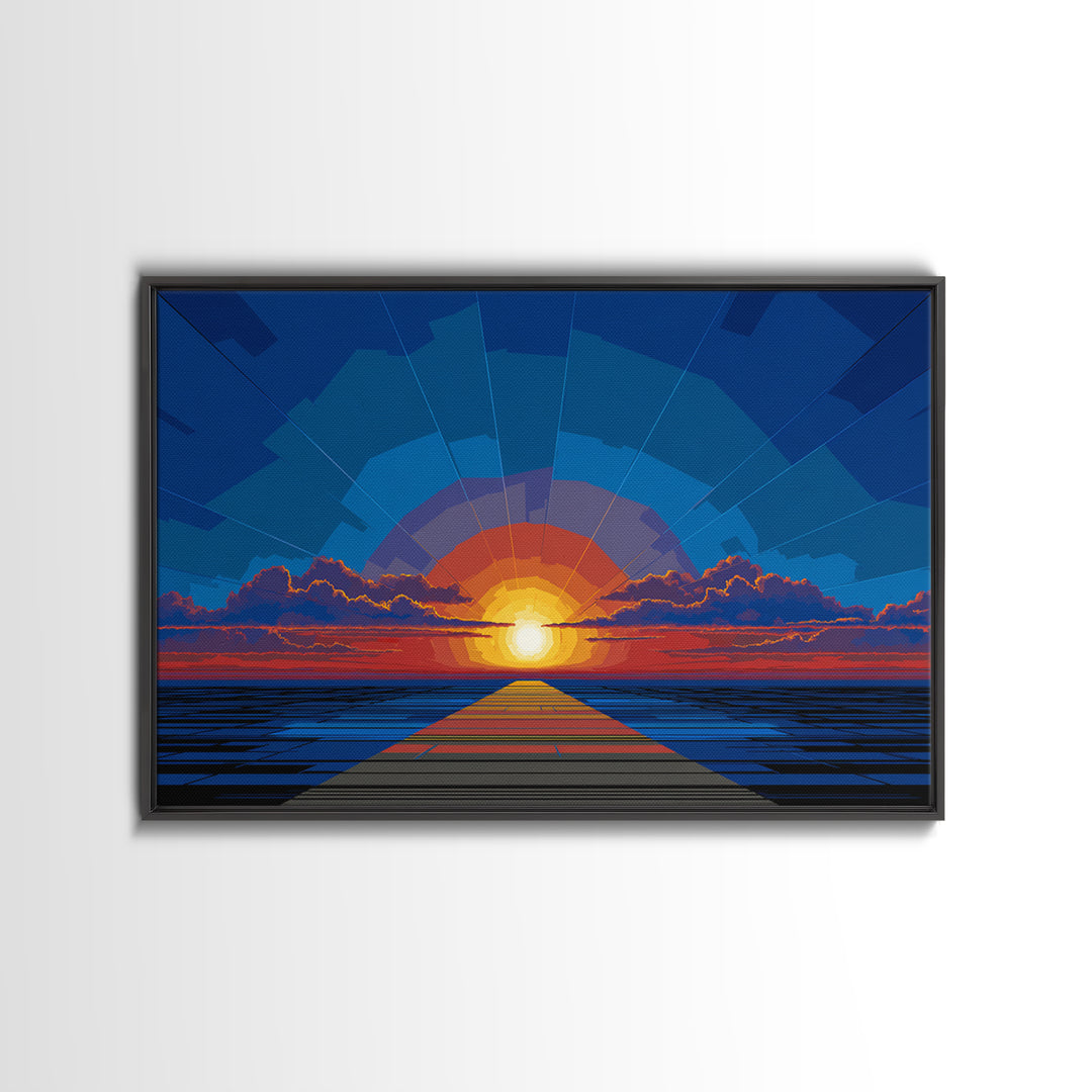Bold Blue Sunset Pier Canvas Print, Retro Modern Wall Art, Midcentury Ocean Poster, Graphic Living Room Wall Decor, Large Art Print