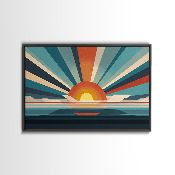 Retro Radial Sunrise Ocean Framed Canvas Print, Midcentury Modern Wall Art, Teal Orange Poster, Atomic MCM Decor, Living Room Art