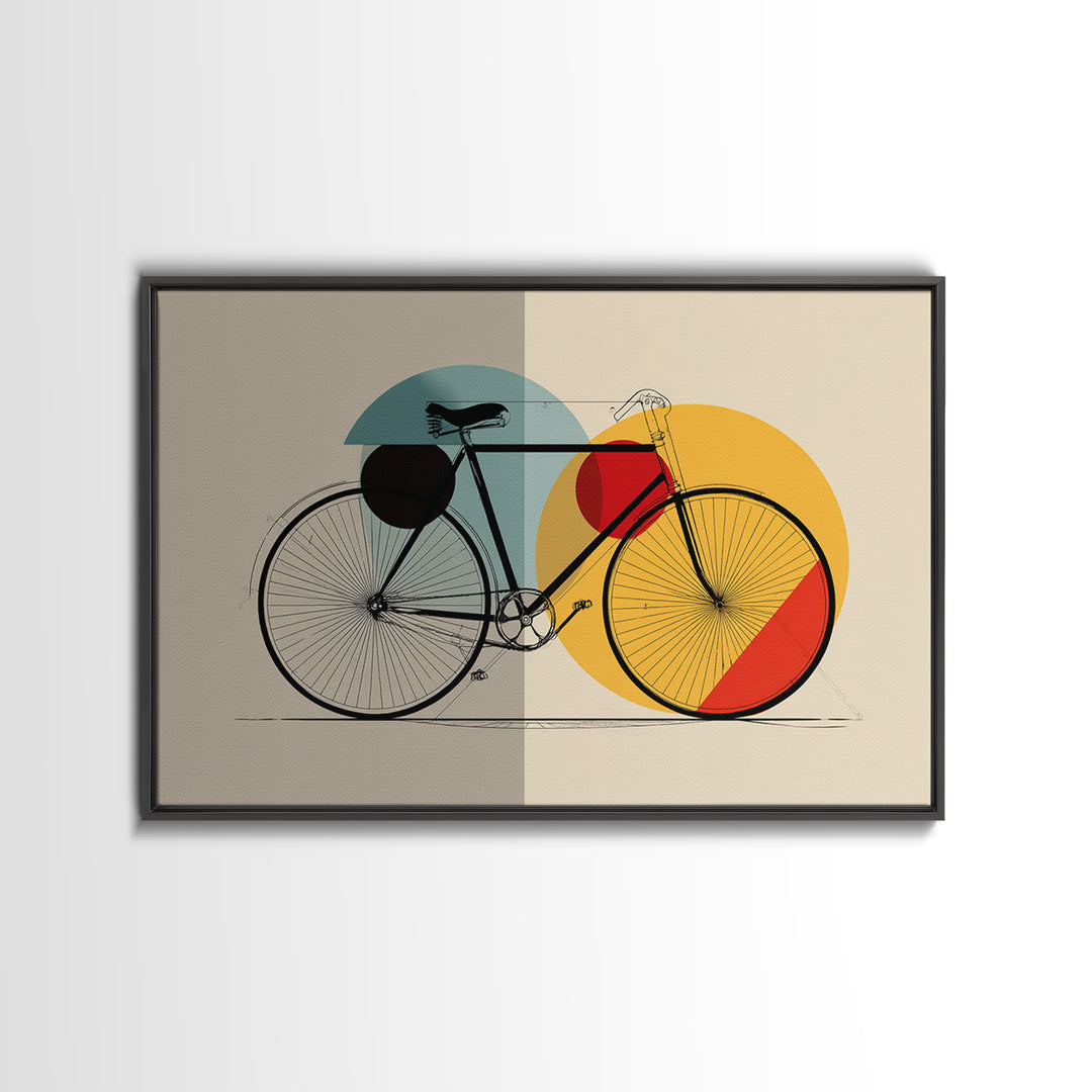 Minimalist Bicycle Framed Canvas Print, Midcentury Modern Wall Art, Orange Yellow Circle Decor, Geometric Bike Poster Gift