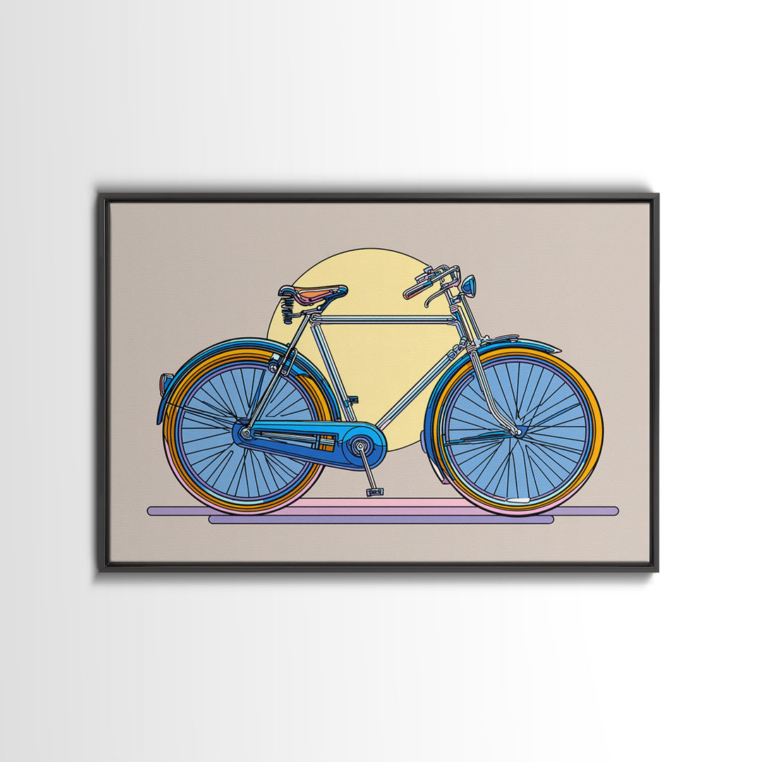 Blue Cruiser Bicycle Canvas Print, Midcentury Modern Wall Art, Retro Bike Poster, Yellow Sun Decor For Home Office Decor Gift