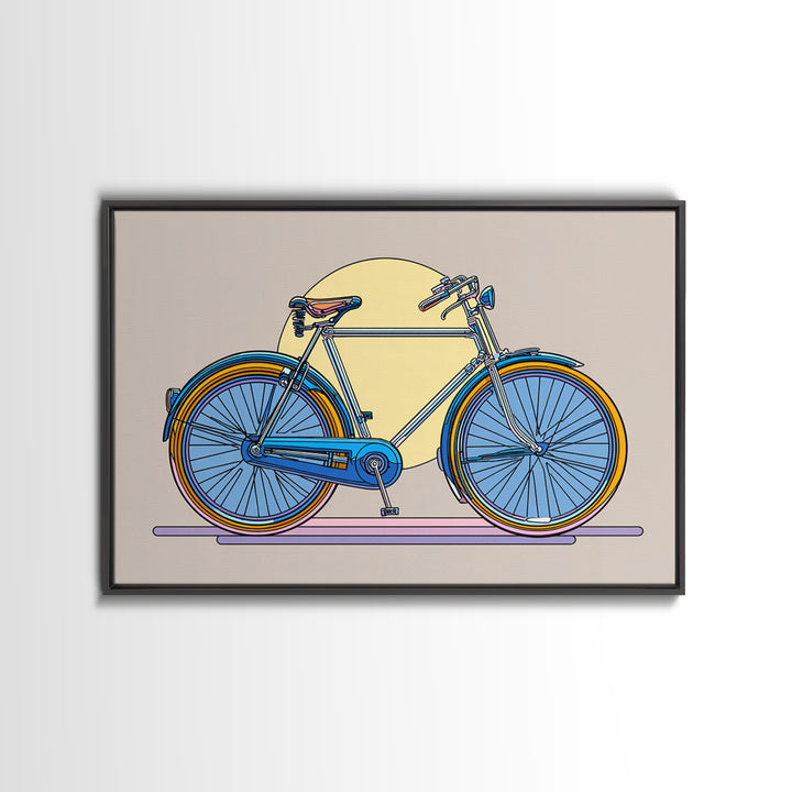 Blue Cruiser Bicycle Canvas Print, Midcentury Modern Wall Art, Retro Bike Poster, Yellow Sun Decor For Home Office Decor Gift