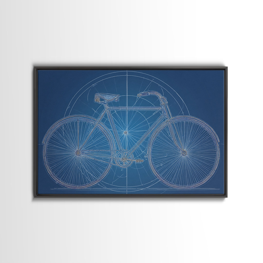 Blueprint Bicycle Wall Art, Technical Line Drawing, Midcentury Modern Bike Poster, Blue Geometric Office Decor Print Gift