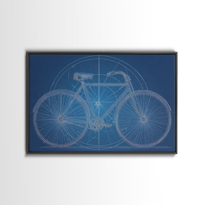 Blueprint Bicycle Wall Art, Technical Line Drawing, Midcentury Modern Bike Poster, Blue Geometric Office Decor Print Gift