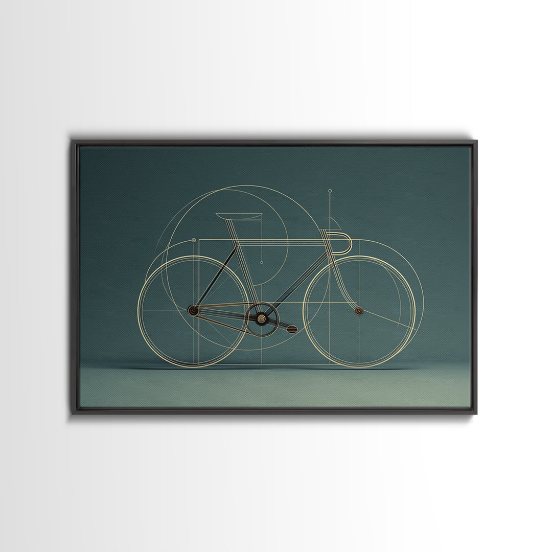 Minimal Line Bicycle Framed Canvas Print, Midcentury Modern Wall Art, Teal Geometric Bike Decor, Office Poster Print Gift