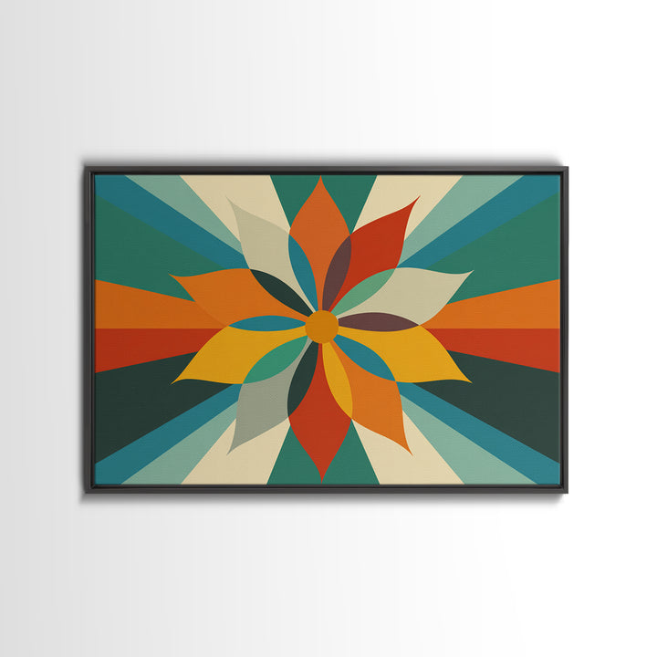 Geometric Orange Teal Flower Wall Art, Mid Century Modern Sunburst, Retro Atomic Floral Poster, Bold MCM Canvas Print Decor