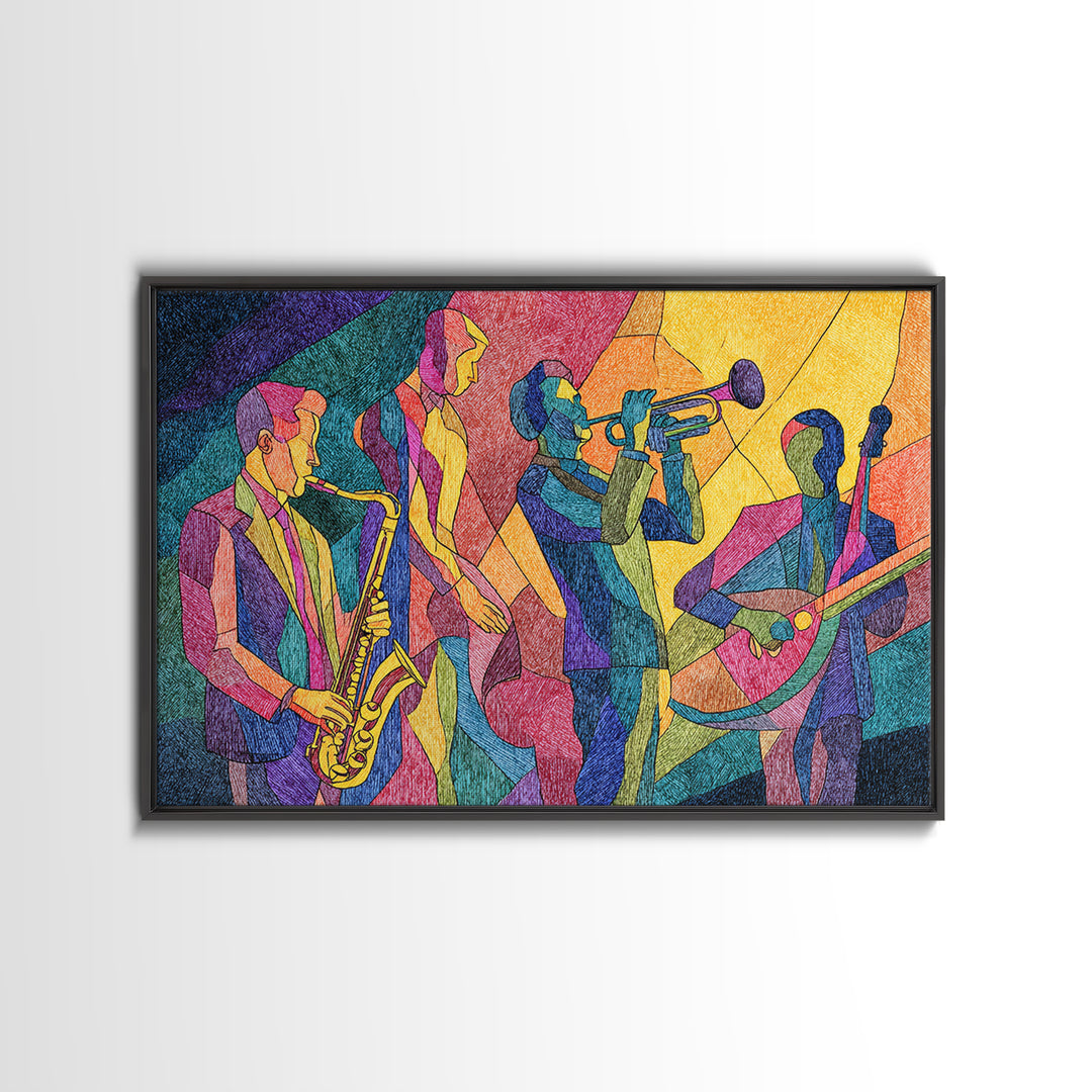 Colorful Cubist Jazz Band With Saxophone And Trumpet Wall Art, Midcentury Modern Art Print, Vibrant Music Room Decor, Poster