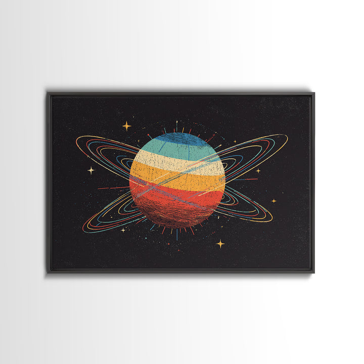 Retro Ringed Planet Canvas Print, Saturn Inspired Space Abstract Art, Midcentury Modern Wall Home Decor, Cosmic Poster Gift