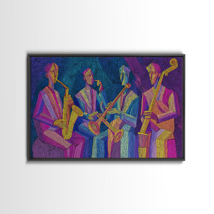 Neon Jazz Quartet With Saxophones And Upright Bass Canvas Print, Midcentury Modern Art, Colorful Retro Music Room Decor, Poster