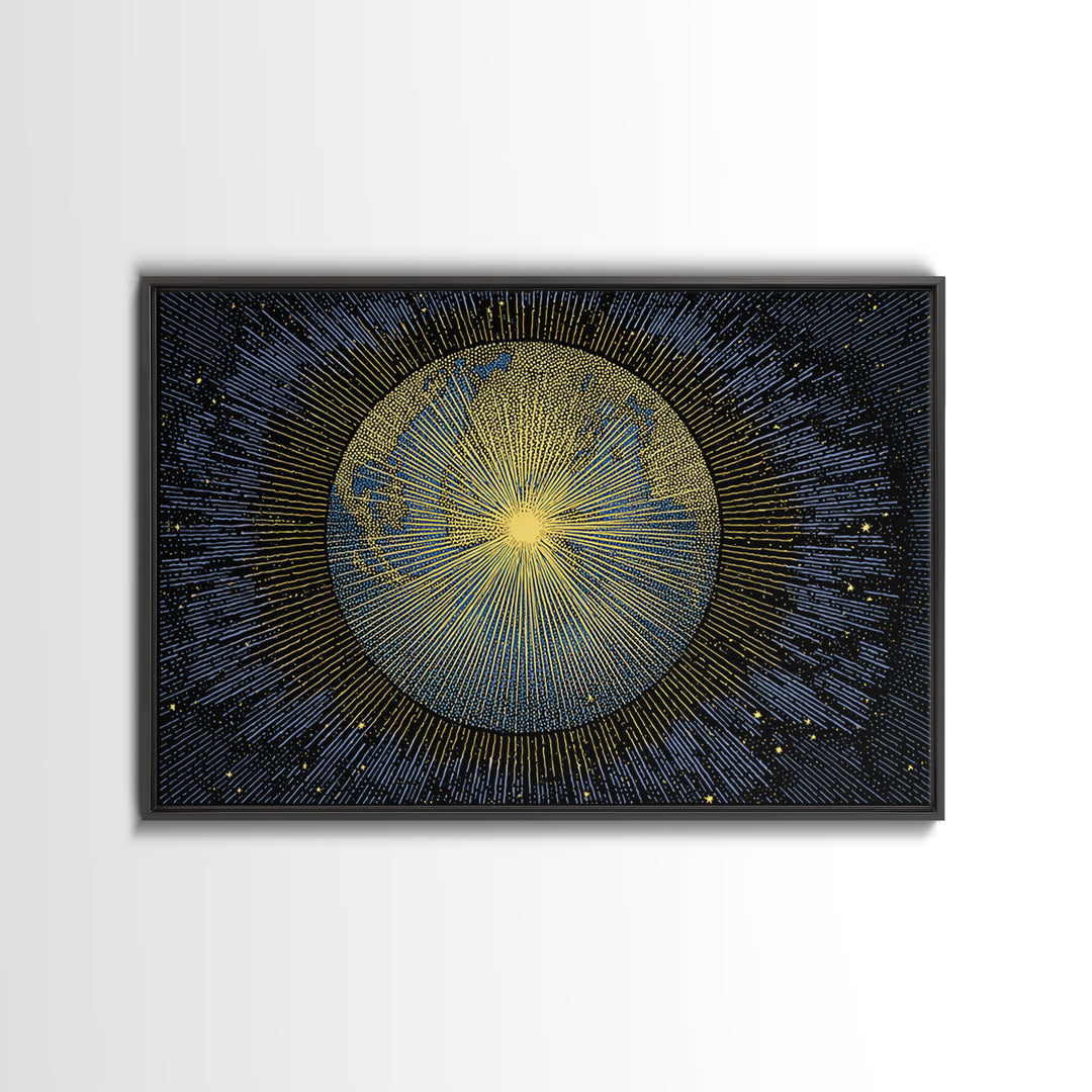 Golden Radiant Sun Planet Canvas Print, Cosmic Space Abstract Art, Midcentury Modern Wall Home Decor, Celestial Poster Gift