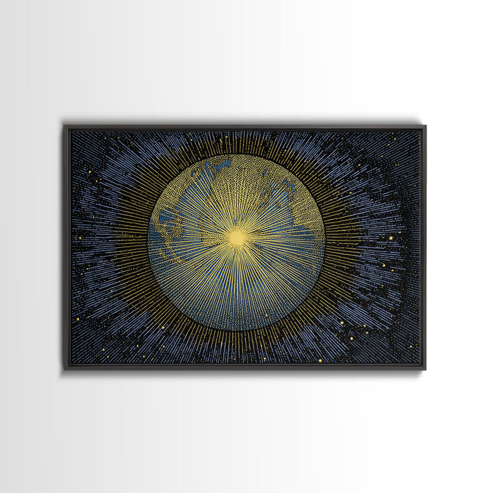Golden Radiant Sun Planet Canvas Print, Cosmic Space Abstract Art, Midcentury Modern Wall Home Decor, Celestial Poster Gift