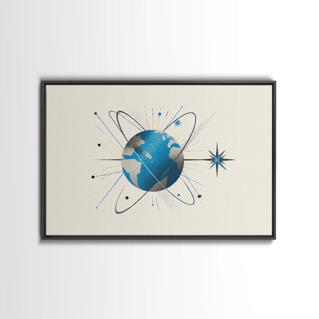 Atomic Blue Globe And Orbit Stars Wall Art, Midcentury Modern Space Poster, Retro Science Print, Cosmic Office Decor For MCM Home