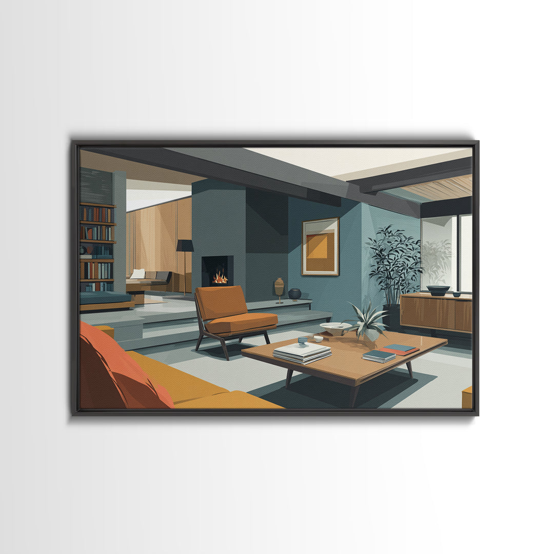Teal Fireplace Living Room With Orange Sofa Framed Canvas Print, Midcentury Modern Wall Art, Retro MCM Home Decor, Office Poster