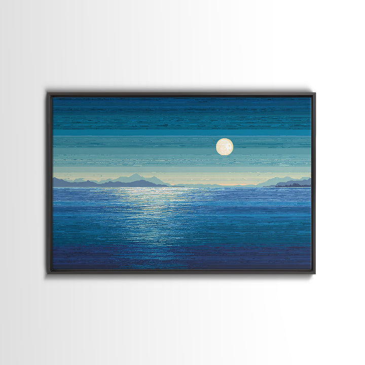 Blue Moon Over Ocean And Distant Mountains Wall Art, Coastal Landscape Print, Modern Home Decor, Serene Bedroom Poster Gift