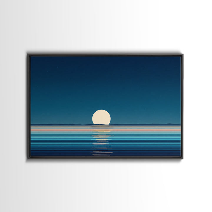 Minimal Full Moon Rising Over Calm Blue Sea Canvas Print, Modern Coastal Wall Art, Serene Ocean Poster For Bedroom Decor