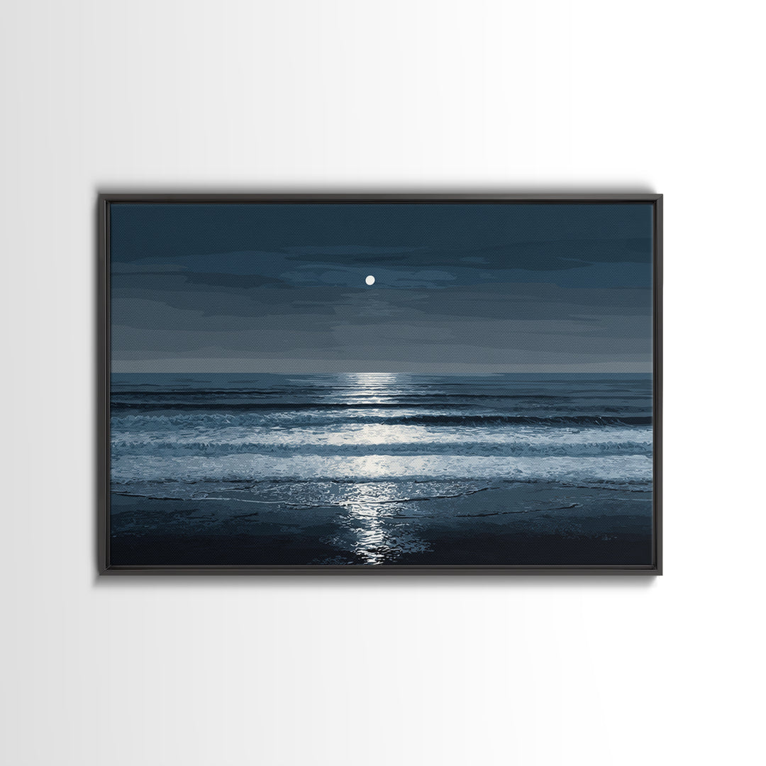 Moonlit Waves And Silver Reflection Framed Canvas Print, Blue Ocean Wall Art, Modern Coastal Bedroom Decor, Seascape Poster