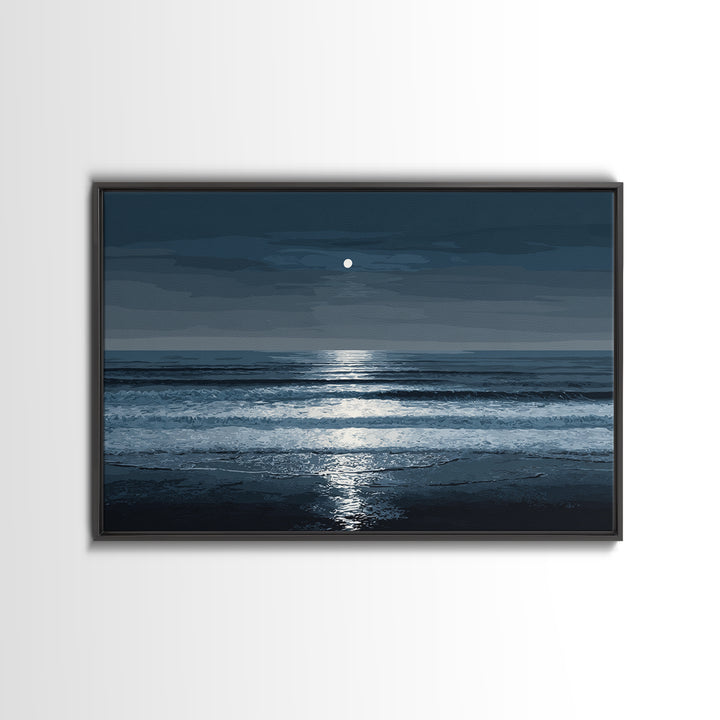 Moonlit Waves And Silver Reflection Framed Canvas Print, Blue Ocean Wall Art, Modern Coastal Bedroom Decor, Seascape Poster