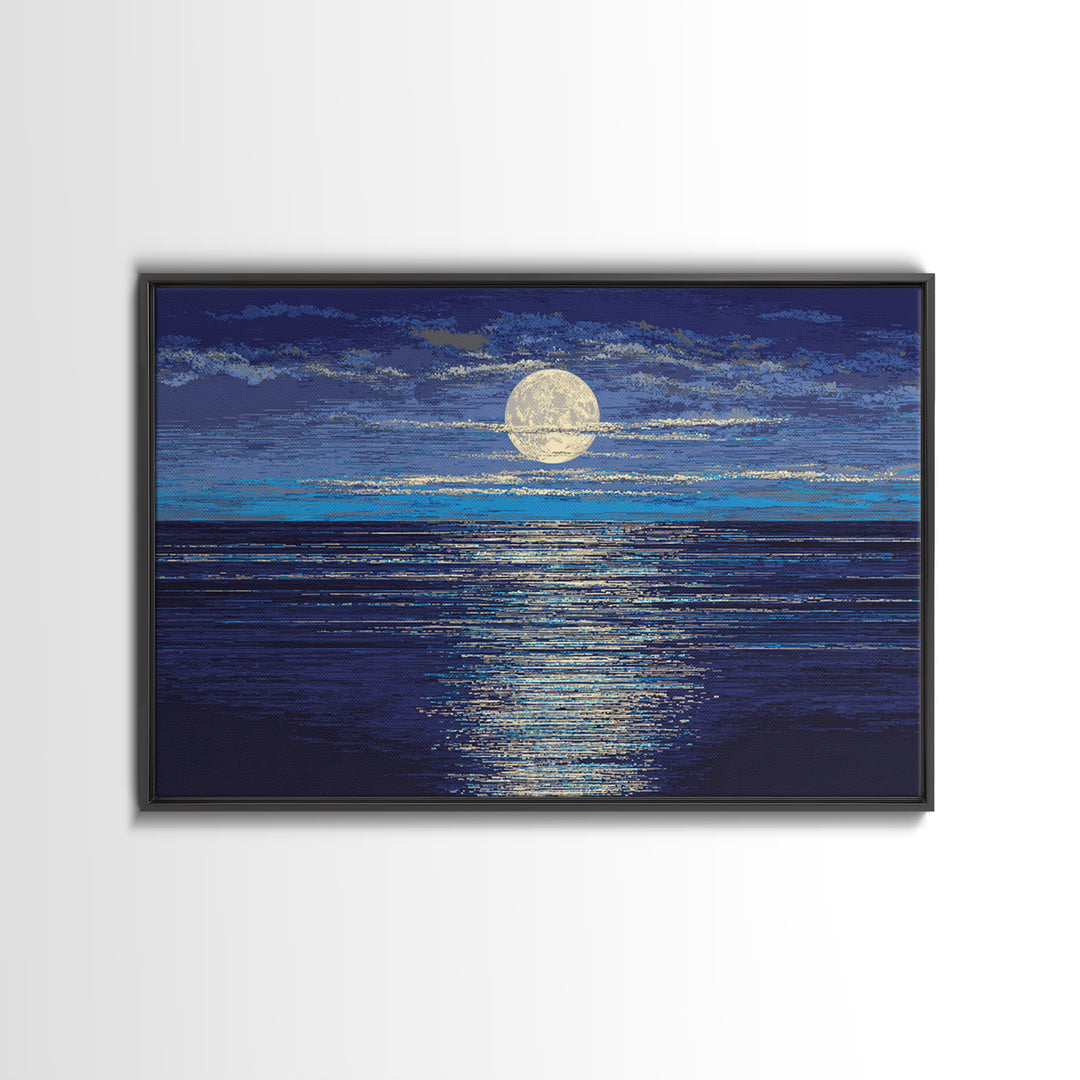 Full Moon Over Deep Blue Water With Glow Wall Art, Modern Coastal Seascape Print, Textured Ocean Decor For Bedroom And Living Room