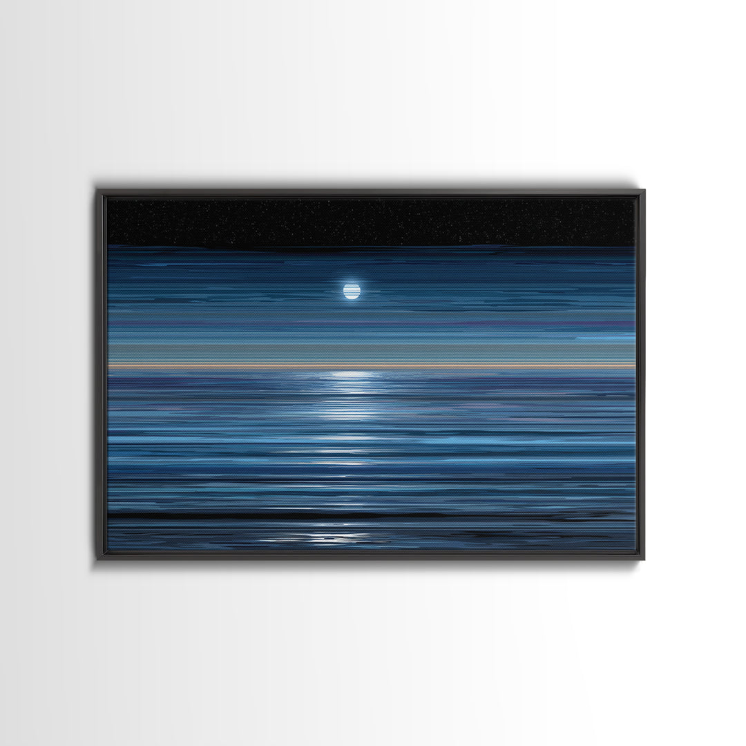 Starry Night Moon Above Blue Horizon Canvas Print, Modern Coastal Wall Art, Minimal Ocean Poster For Bedroom And Living Room Decor