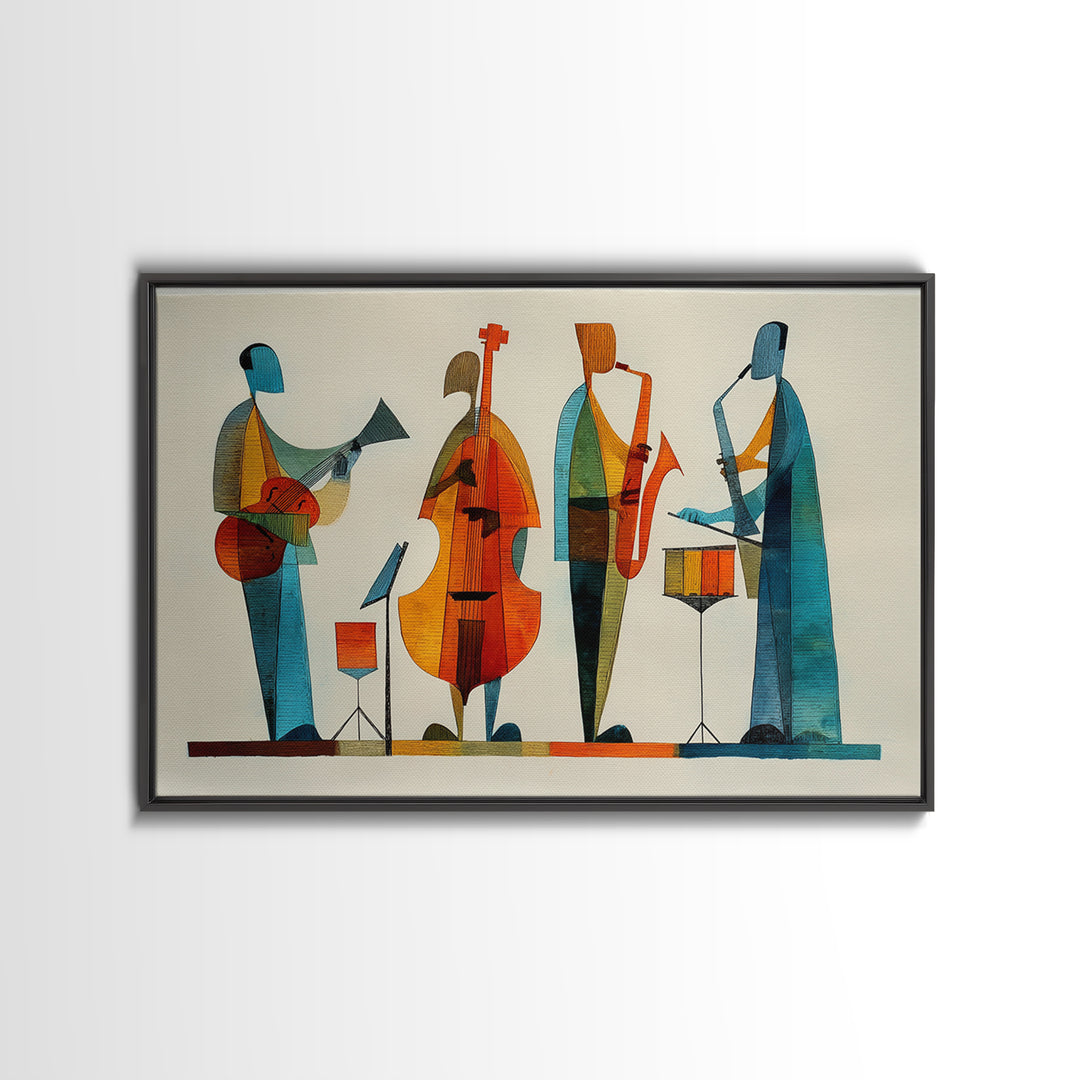Minimalist Woodcut Jazz Band With Bass And Drums Framed Canvas Print, Midcentury Modern Wall Art, Scandinavian MCM Decor