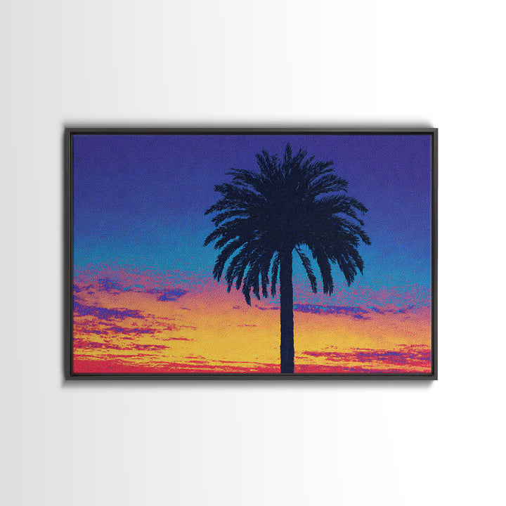 Palm Tree Silhouette At Purple Orange Sunset Wall Art, Retro Tropical Poster, Midcentury Modern Coastal Home Decor, Palm Springs