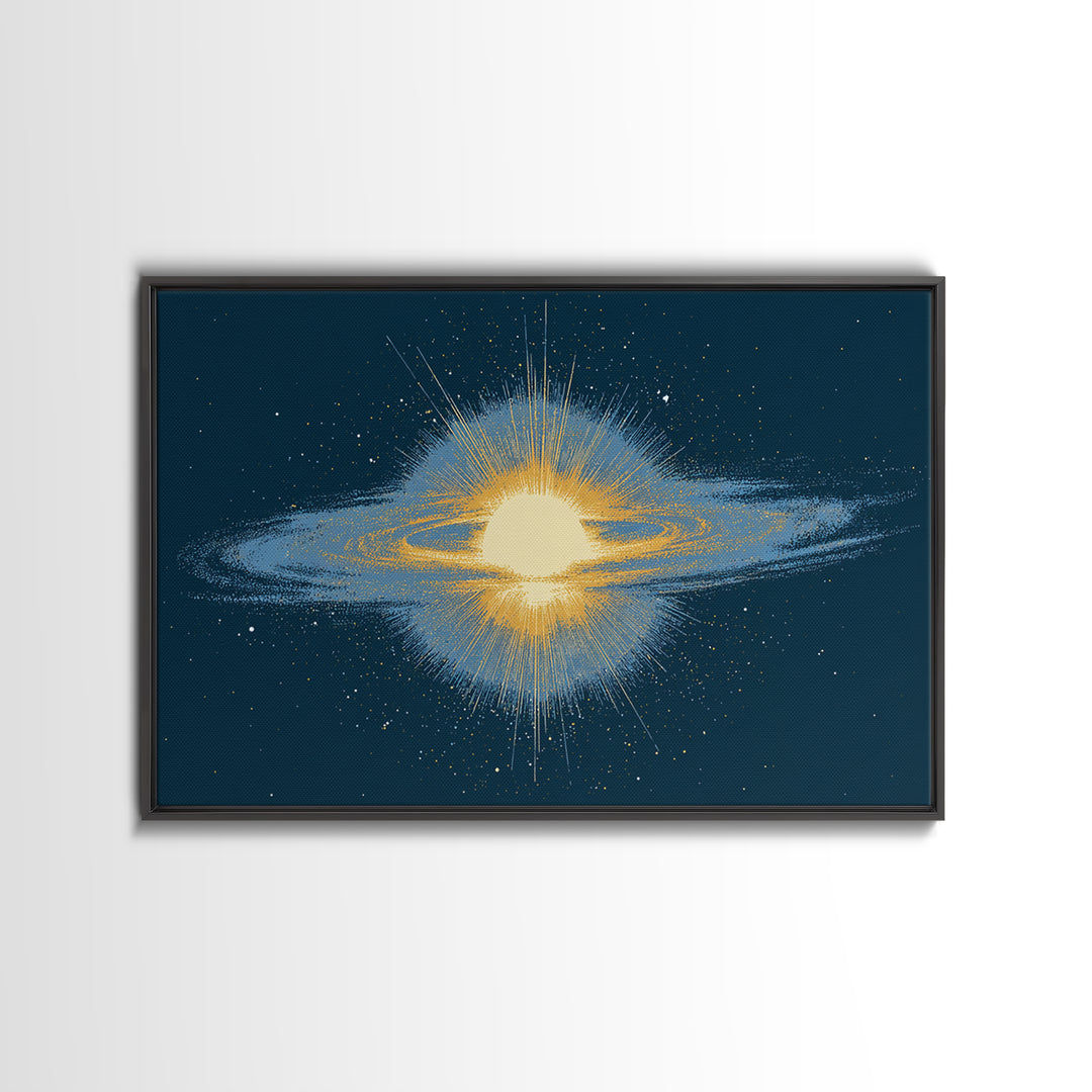 Glowing Galaxy Ring Wall Art, Cosmic Abstract Canvas Print, Space Poster, Modern Digital Art, Blue Gold Star Decor, Sci Fi Wall Art
