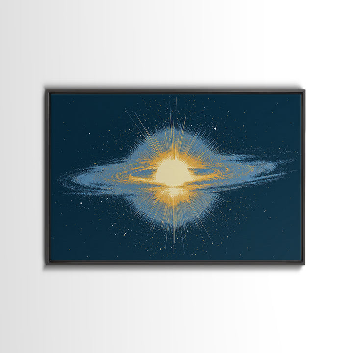 Glowing Galaxy Ring Wall Art, Cosmic Abstract Canvas Print, Space Poster, Modern Digital Art, Blue Gold Star Decor, Sci Fi Wall Art