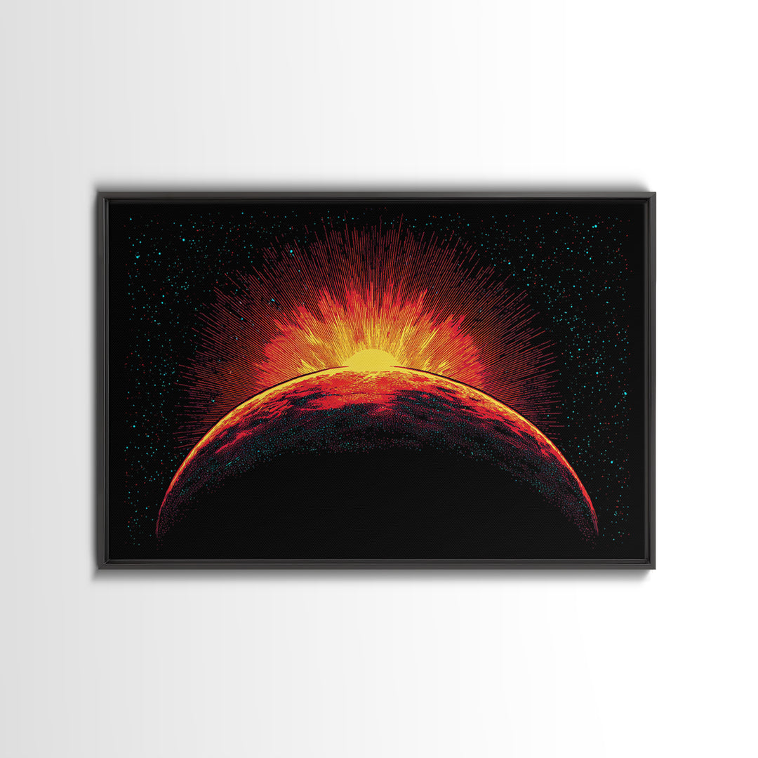 Fiery Red Planet Sunrise Wall Art, Retro Sci Fi Canvas Print, Cosmic Space Poster, Orange Black Modern Home Decor, Art Print
