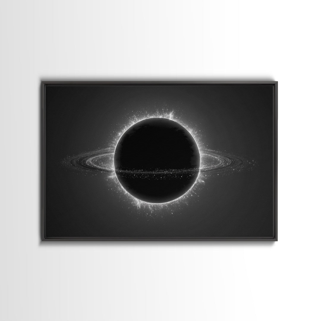 Black Eclipse Ringed Planet Wall Art, Monochrome Space Canvas Print, Modern Abstract Art, Sci Fi Home Office Decor, Poster