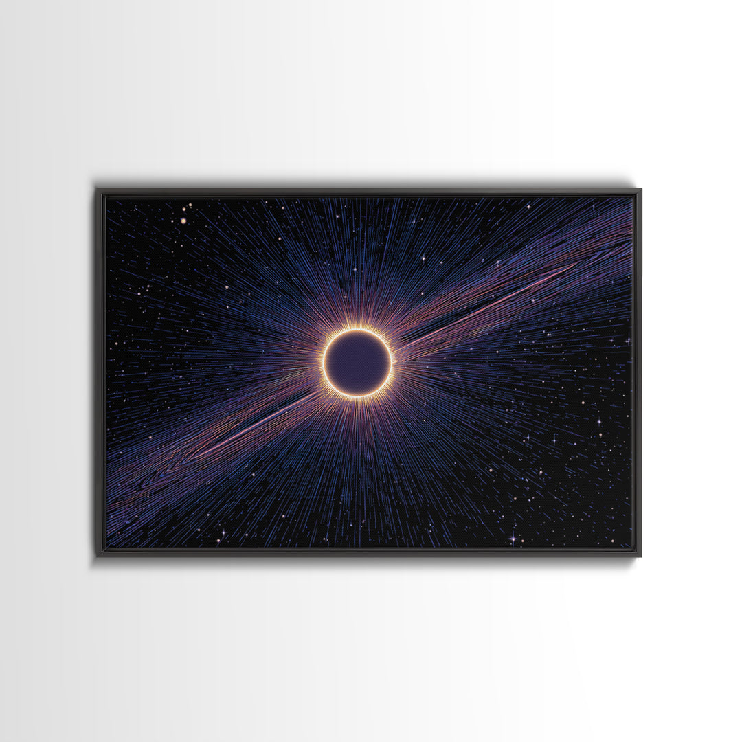 Radiant Solar Eclipse Wall Art, Cosmic Starburst Canvas Print, Space Abstract Poster, Modern Sci Fi Galaxy Decor, Blue Wall Art