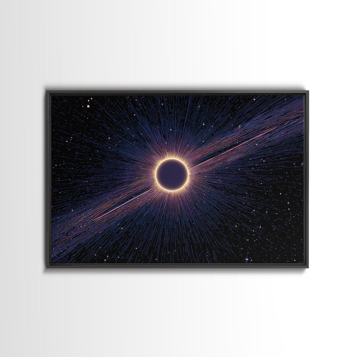 Radiant Solar Eclipse Wall Art, Cosmic Starburst Canvas Print, Space Abstract Poster, Modern Sci Fi Galaxy Decor, Blue Wall Art