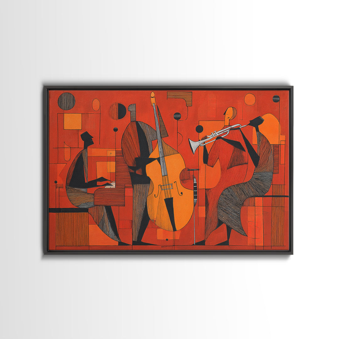 Orange Cubist Jazz Trio With Piano Bass And Trumpet Wall Art, Midcentury Modern Art Print, Atomic Music Room Retro Decor
