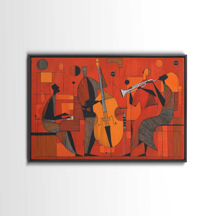 Orange Cubist Jazz Trio With Piano Bass And Trumpet Wall Art, Midcentury Modern Art Print, Atomic Music Room Retro Decor