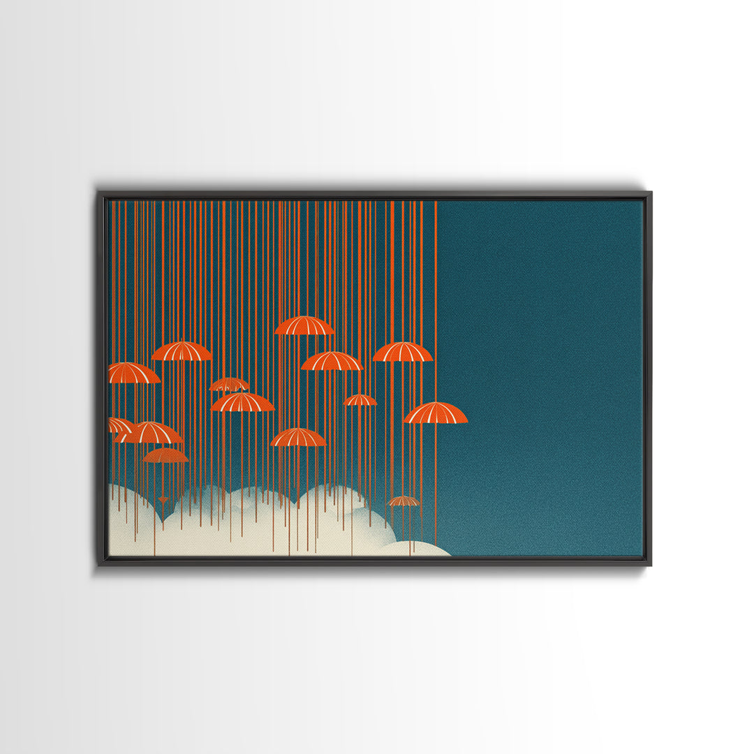 Orange Umbrella Rainfall Canvas Print, Teal Sky Cloudscape Wall Decor, Midcentury Modern Art, Retro Graphic Poster For Living Room